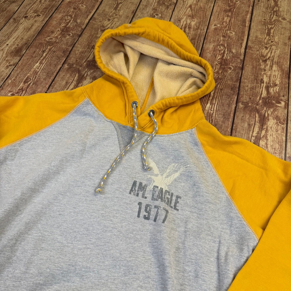 American Eagle Vintage Raglan Hoodie Mens Medium Gray Yellow Classic Fit